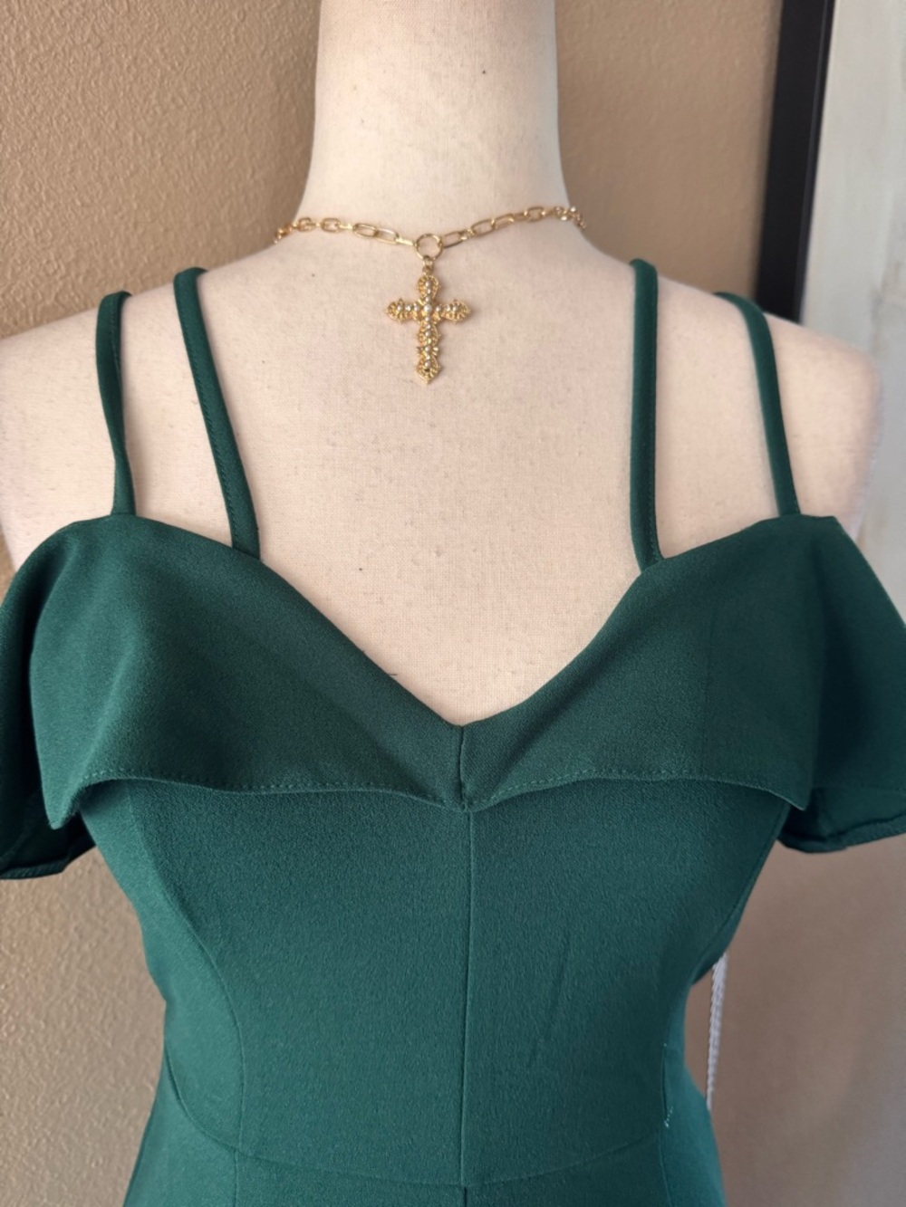 Off-Shoulder Strappy Jumpsuit in Deep Green - Picture 9 of 11